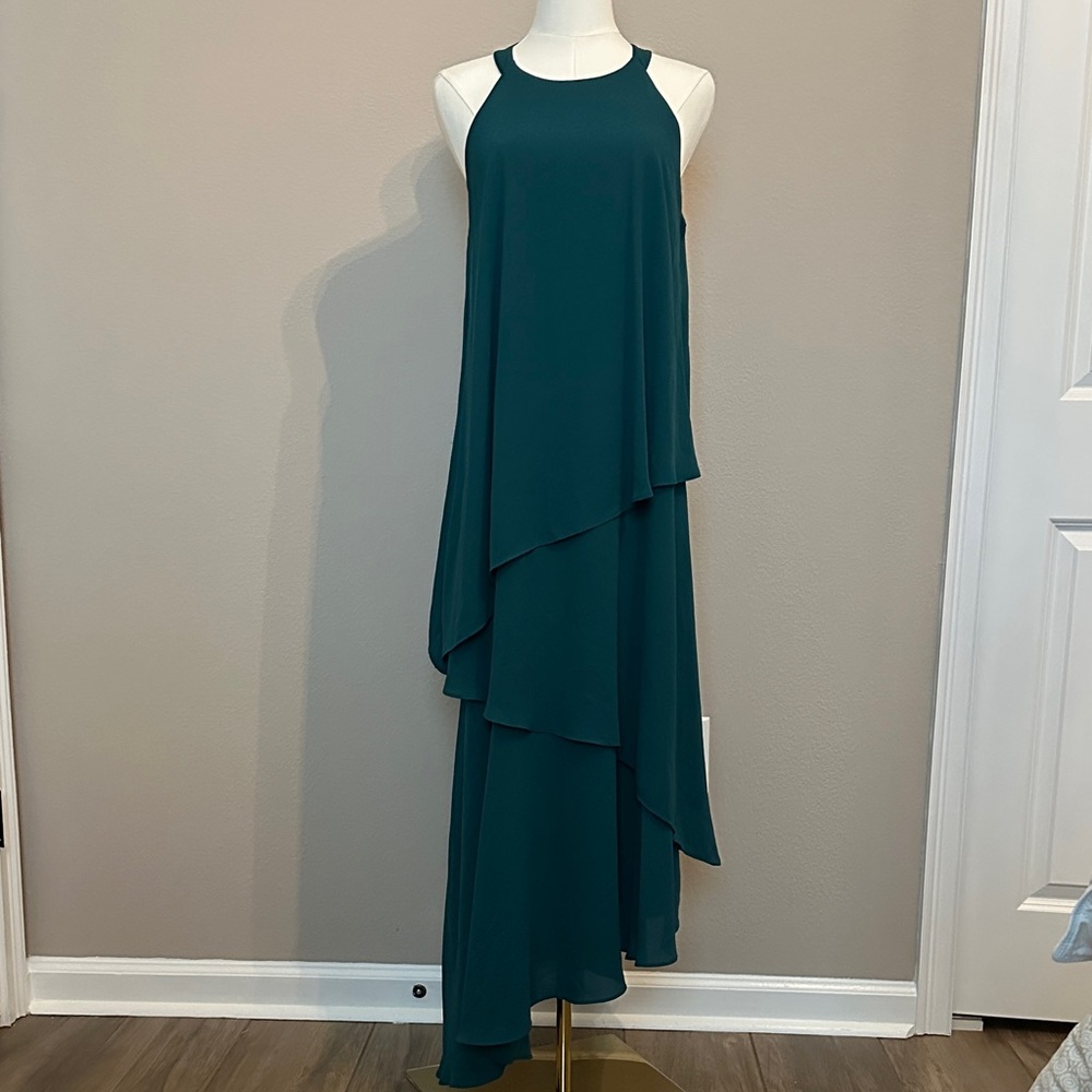 Maggy London asymmetrical teal green  tiered halter neck dress. ~ Size 8